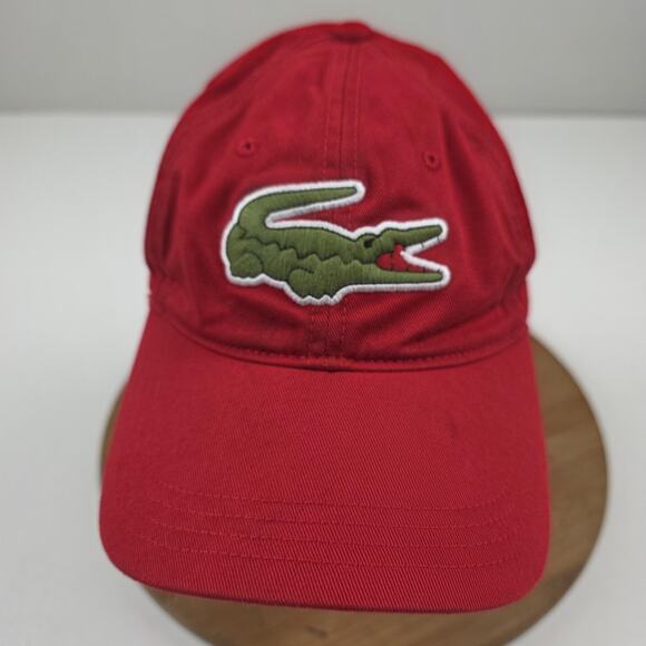 Lacoste Hat Cap Strap Back Red Leather Strap Crocodile Patch Embroidered Mens - Picture 1 of 12